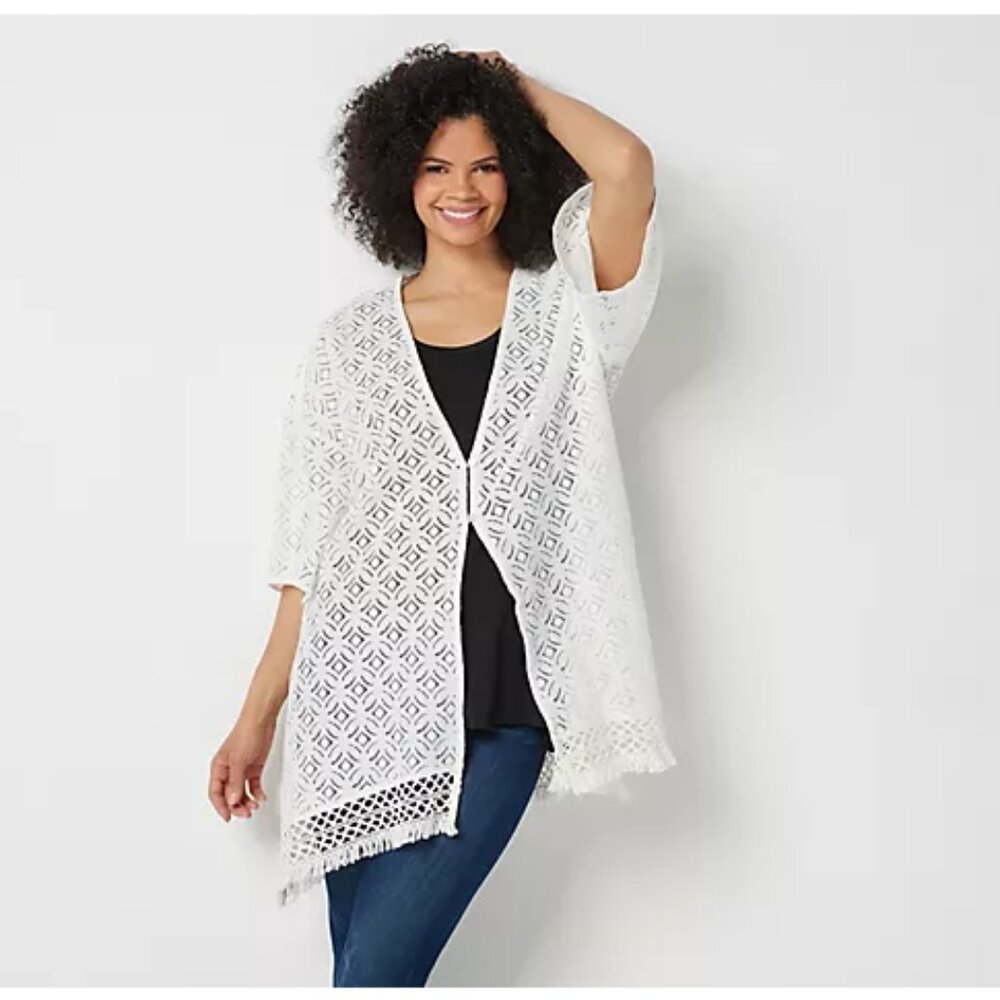 All Worthy by Hunter McGrady Openwork Fringe Crochet Shrug in Cream